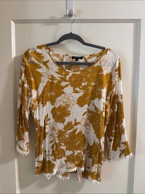 Papermoon Mustard Floral Lace-Trim Long Sleeve Top